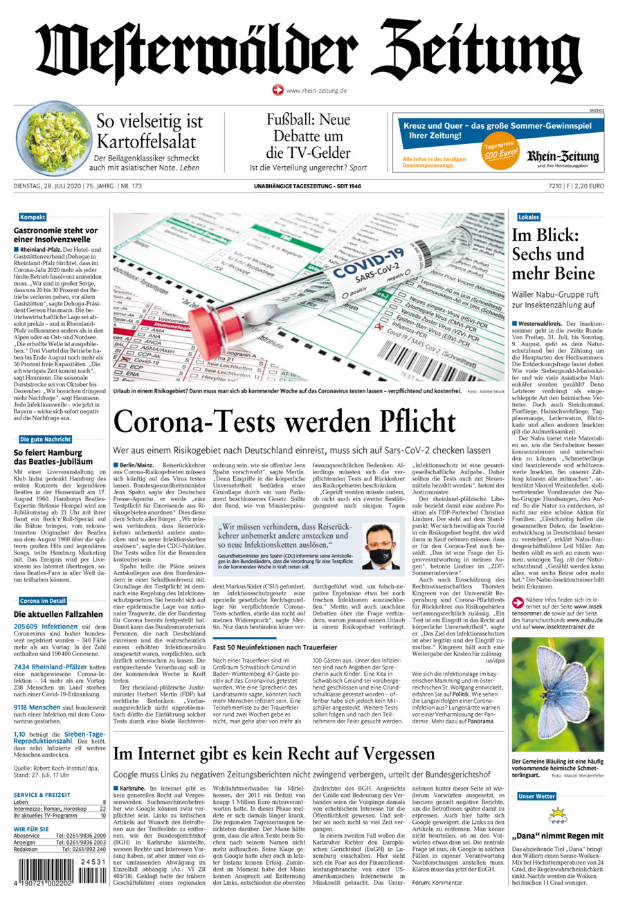 Westerwälder Zeitung vom Dienstag, 28.07.2020