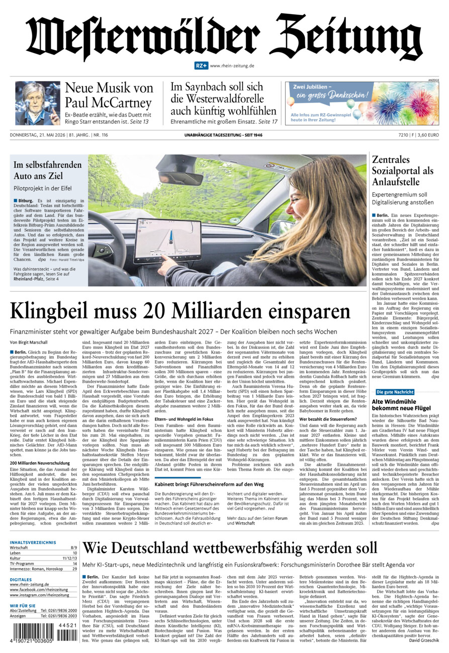 Westerwälder Zeitung vom Donnerstag, 21.05.2026