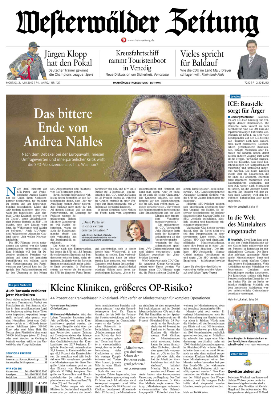 Westerwälder Zeitung vom Montag, 03.06.2019