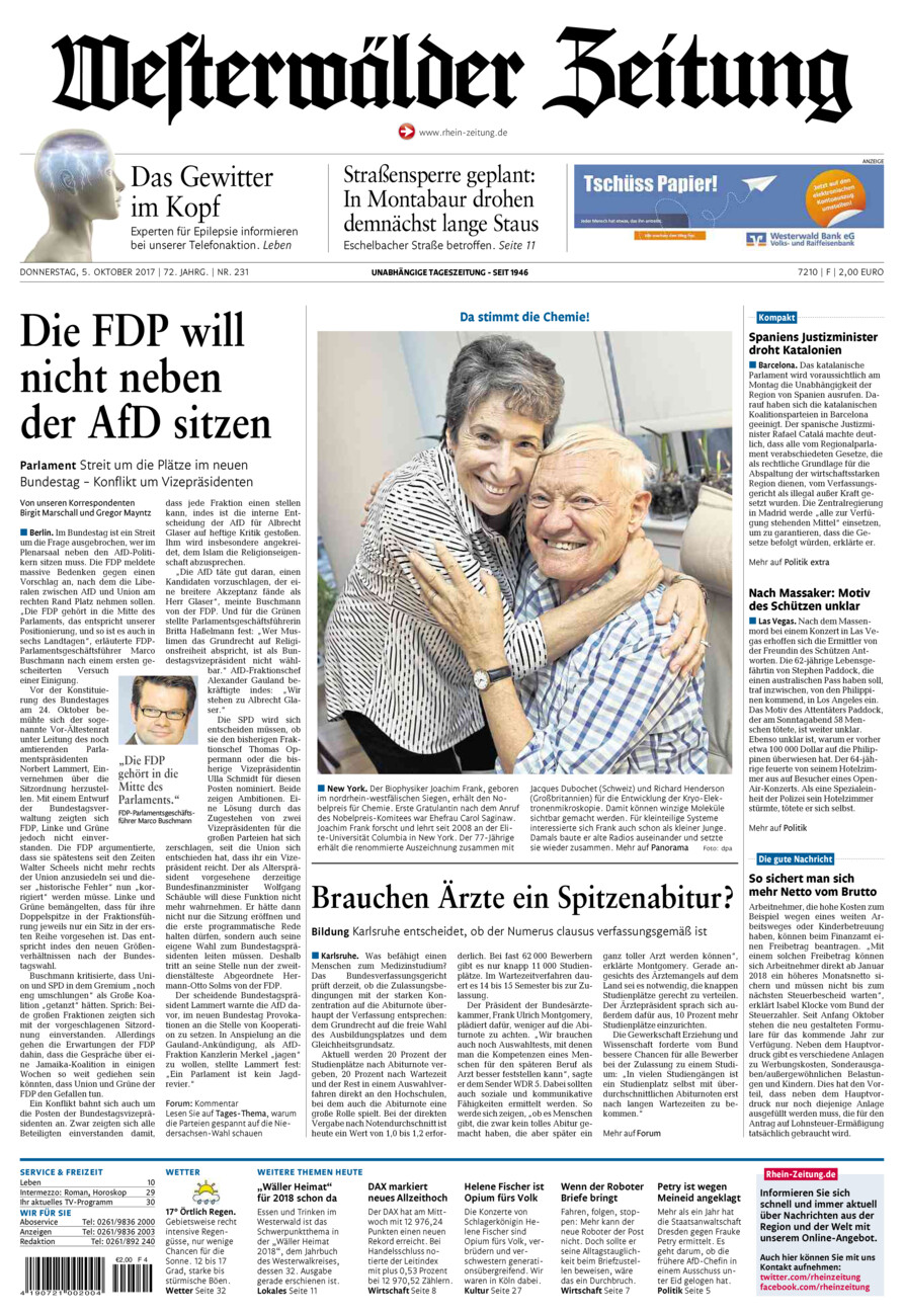 Westerwälder Zeitung vom Donnerstag, 05.10.2017