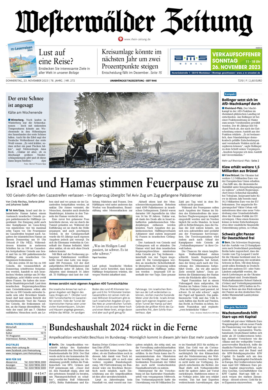 Westerwälder Zeitung vom Donnerstag, 23.11.2023