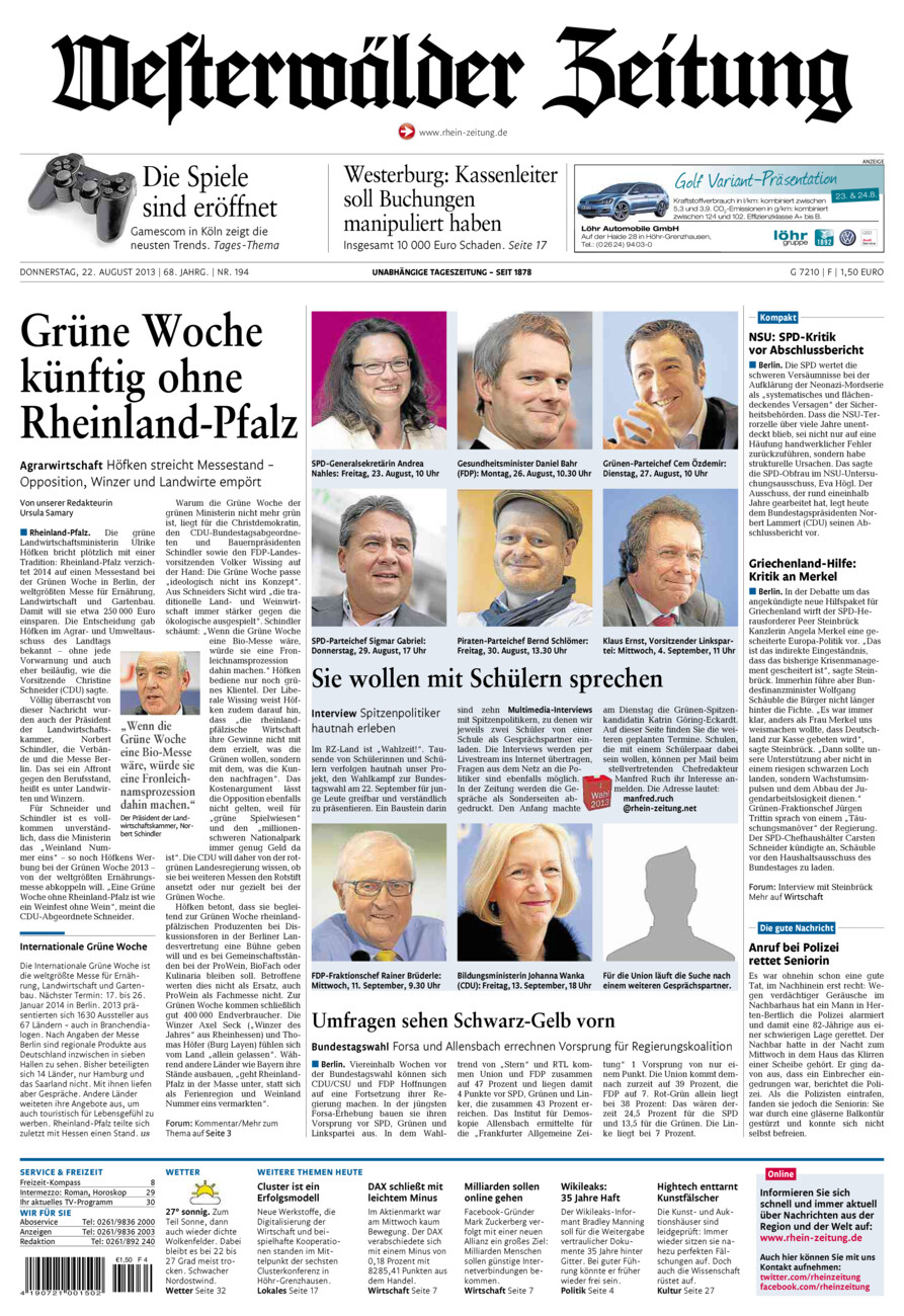 Westerwälder Zeitung vom Donnerstag, 22.08.2013