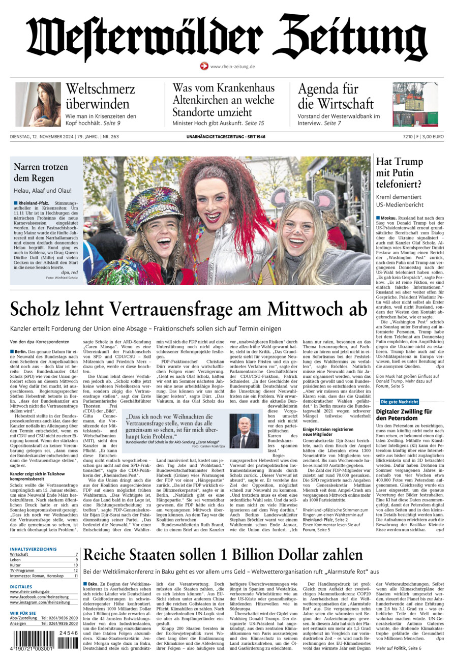 Westerwälder Zeitung vom Dienstag, 12.11.2024