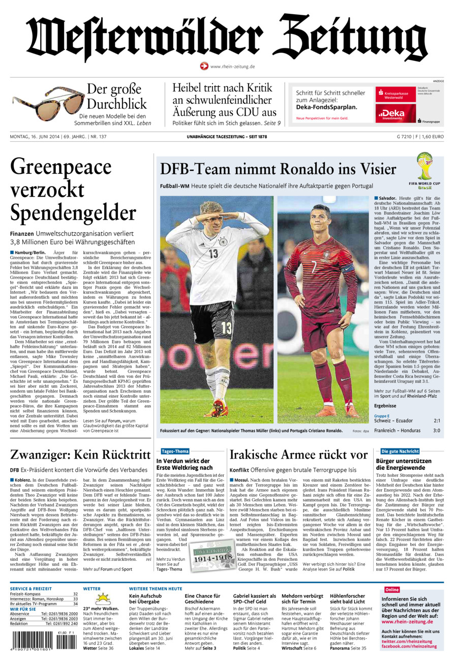 Westerwälder Zeitung vom Montag, 16.06.2014
