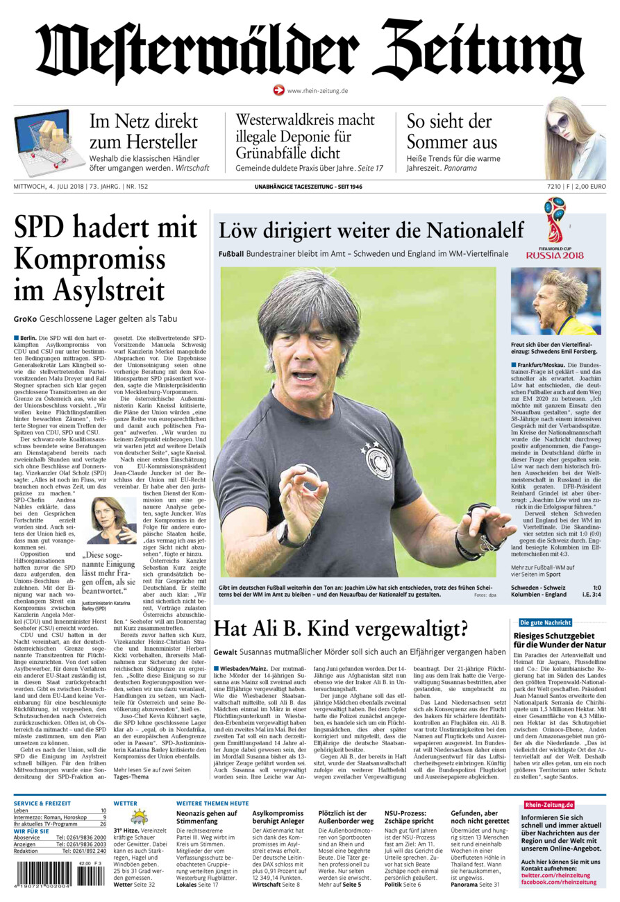 Westerwälder Zeitung vom Mittwoch, 04.07.2018