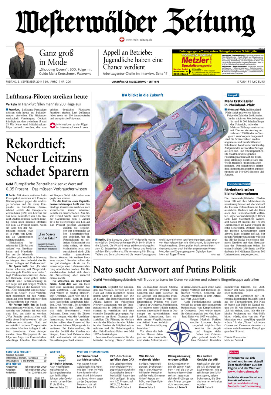Westerwälder Zeitung vom Freitag, 05.09.2014