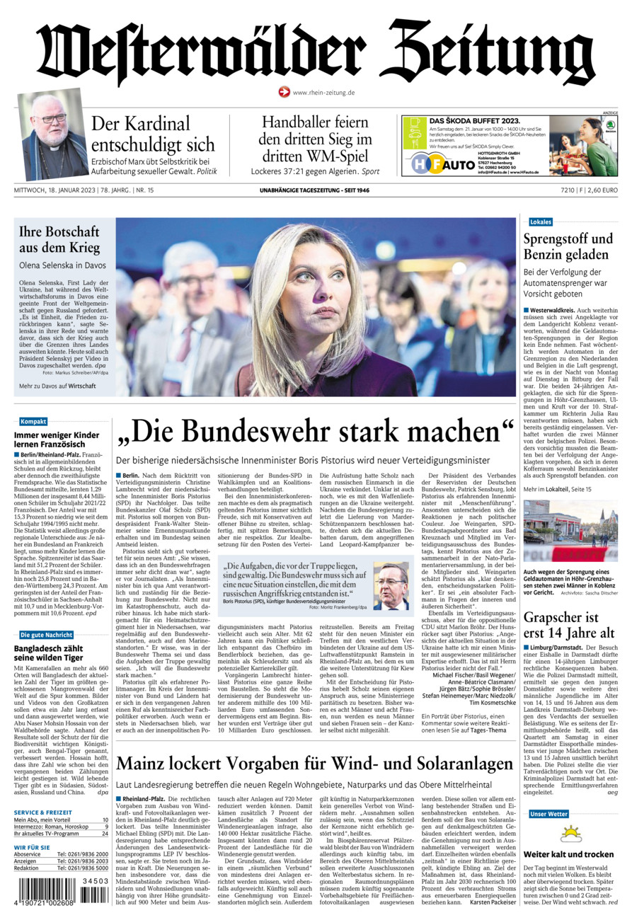Westerwälder Zeitung vom Mittwoch, 18.01.2023