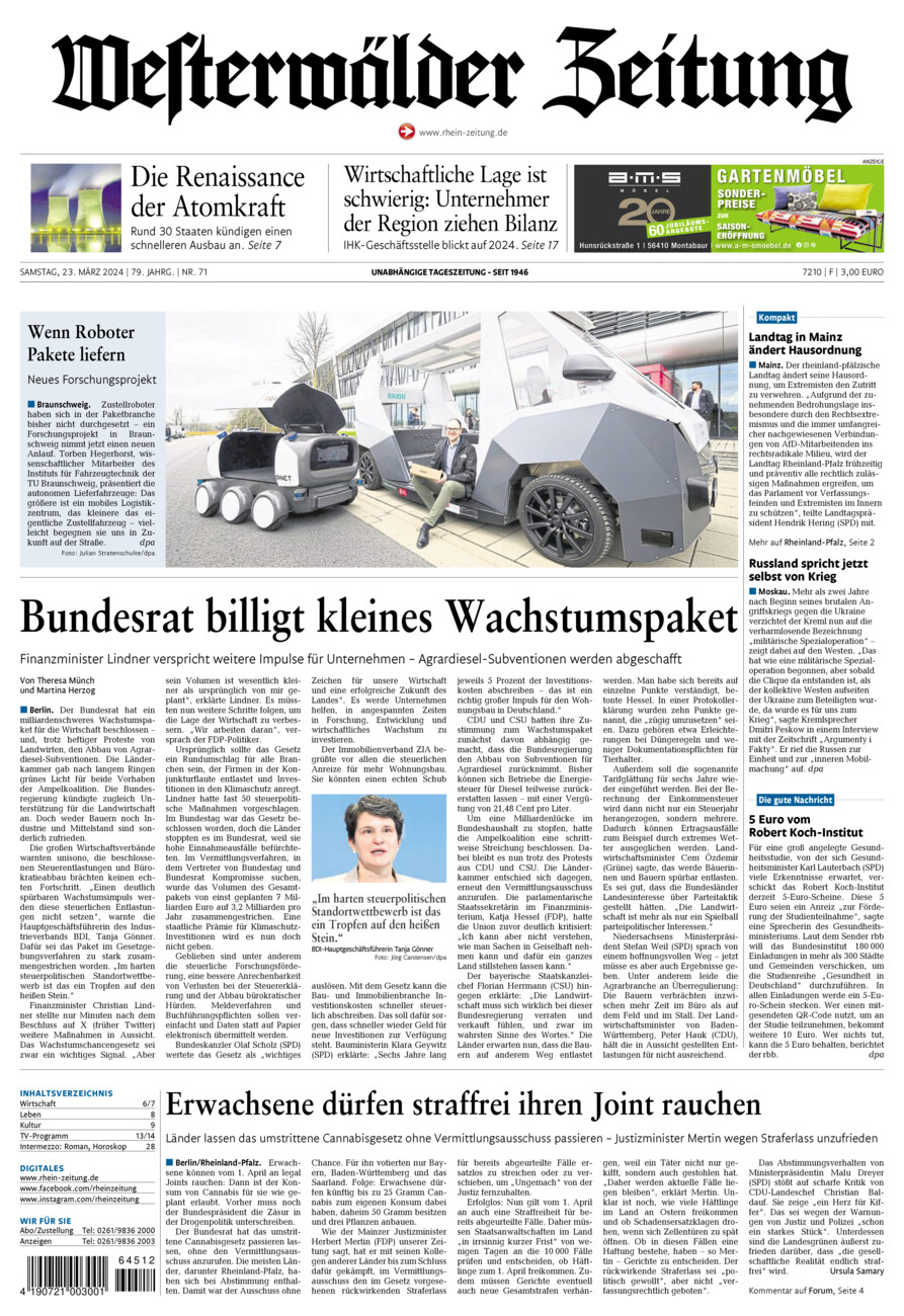Westerwälder Zeitung vom Samstag, 23.03.2024