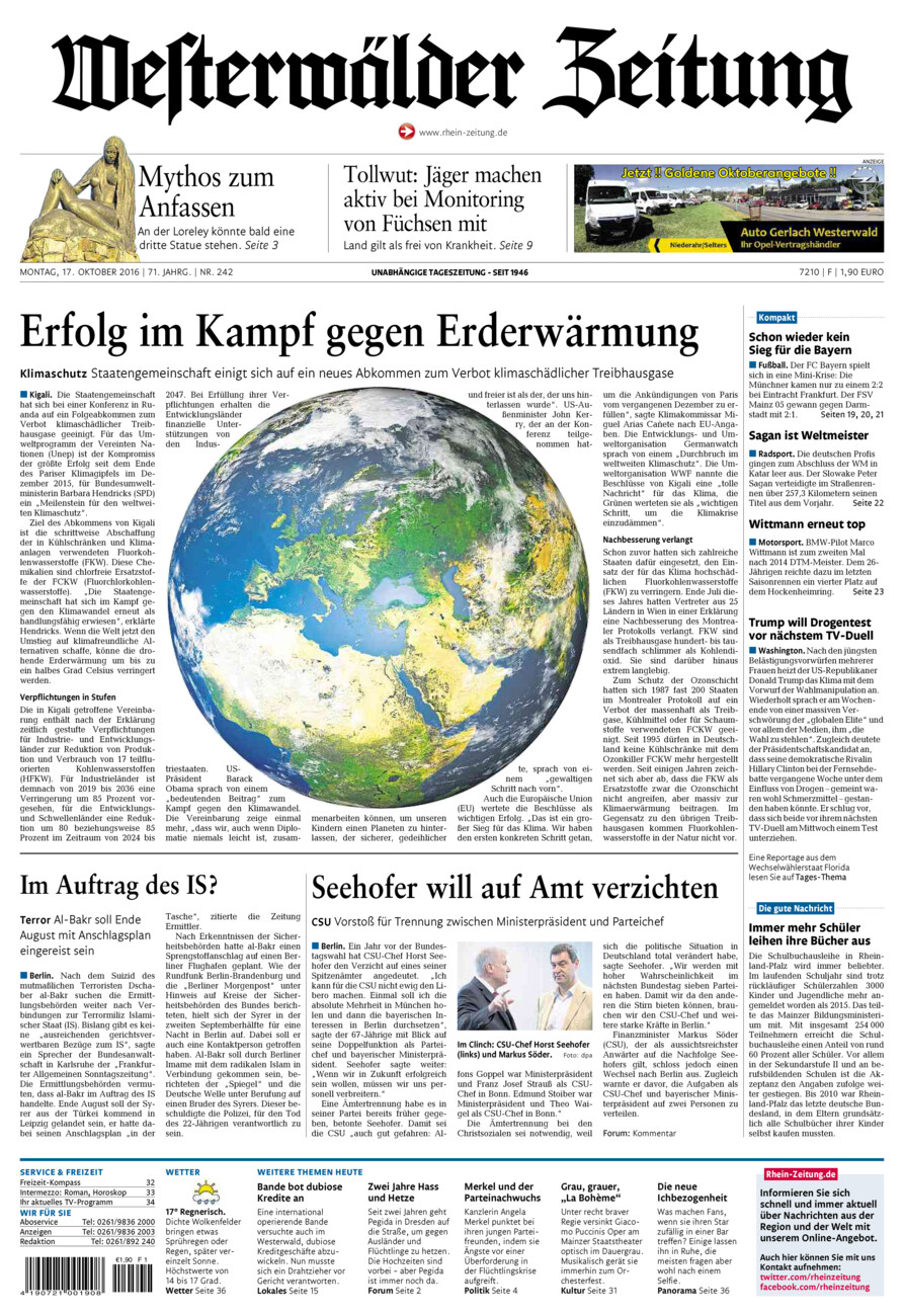 Westerwälder Zeitung vom Montag, 17.10.2016