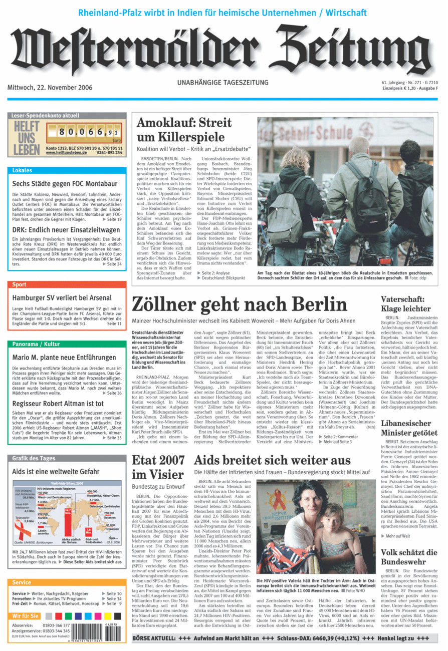 Westerwälder Zeitung vom Mittwoch, 22.11.2006