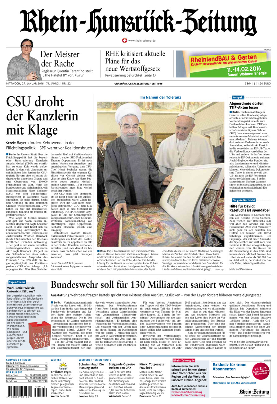 Rhein-Hunsrück-Zeitung vom Mittwoch, 27.01.2016