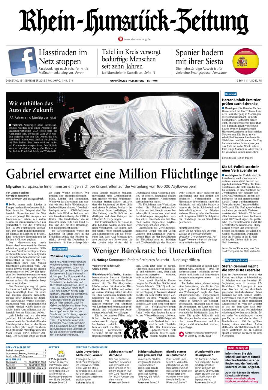 Rhein-Hunsrück-Zeitung vom Dienstag, 15.09.2015