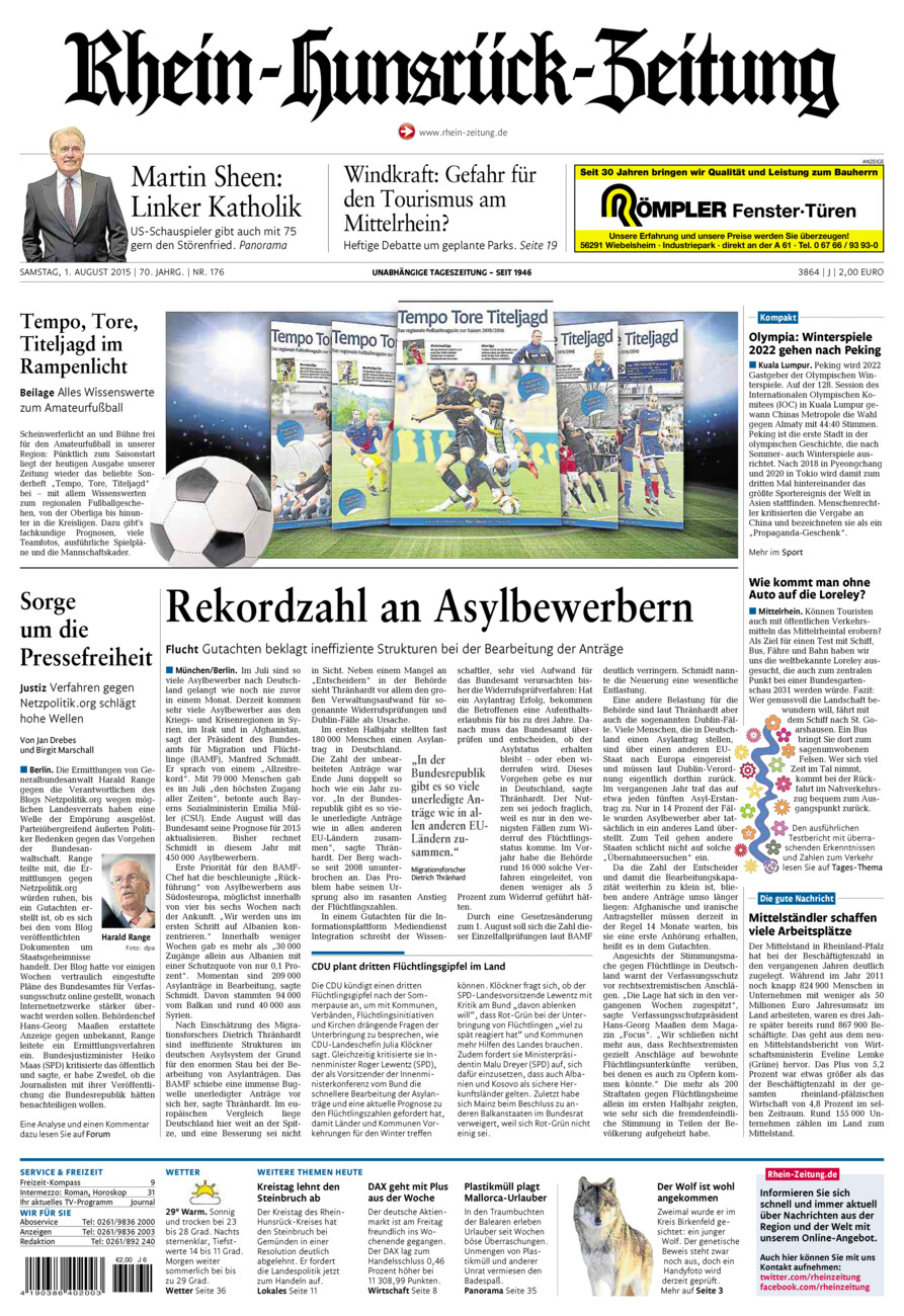 Rhein-Hunsrück-Zeitung vom Samstag, 01.08.2015