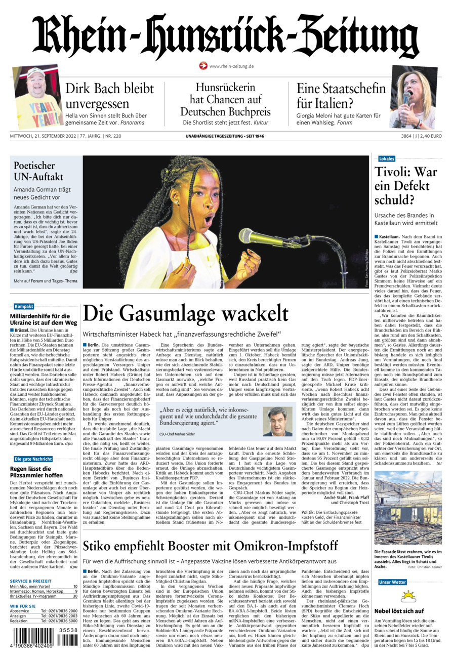 Rhein-Hunsrück-Zeitung vom Mittwoch, 21.09.2022