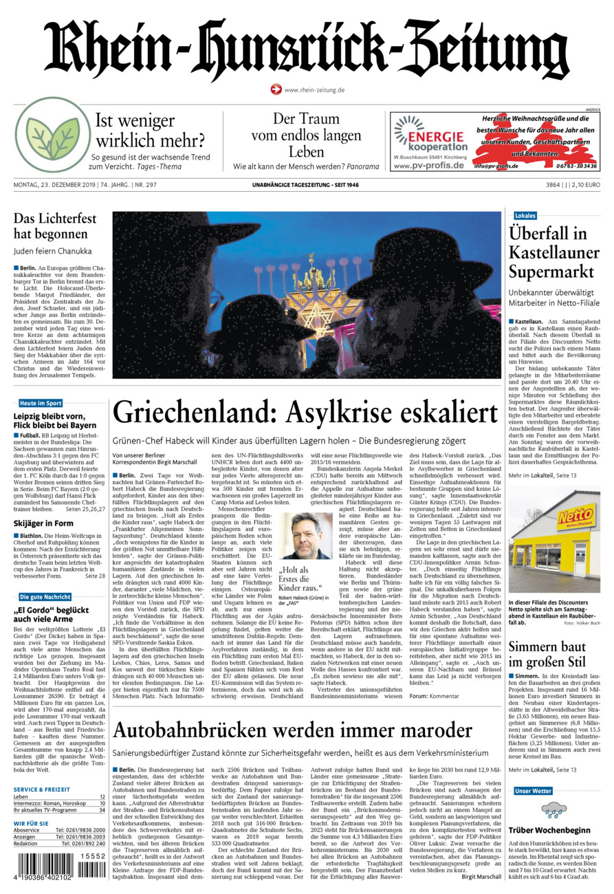 Rhein-Hunsrück-Zeitung vom Montag, 23.12.2019