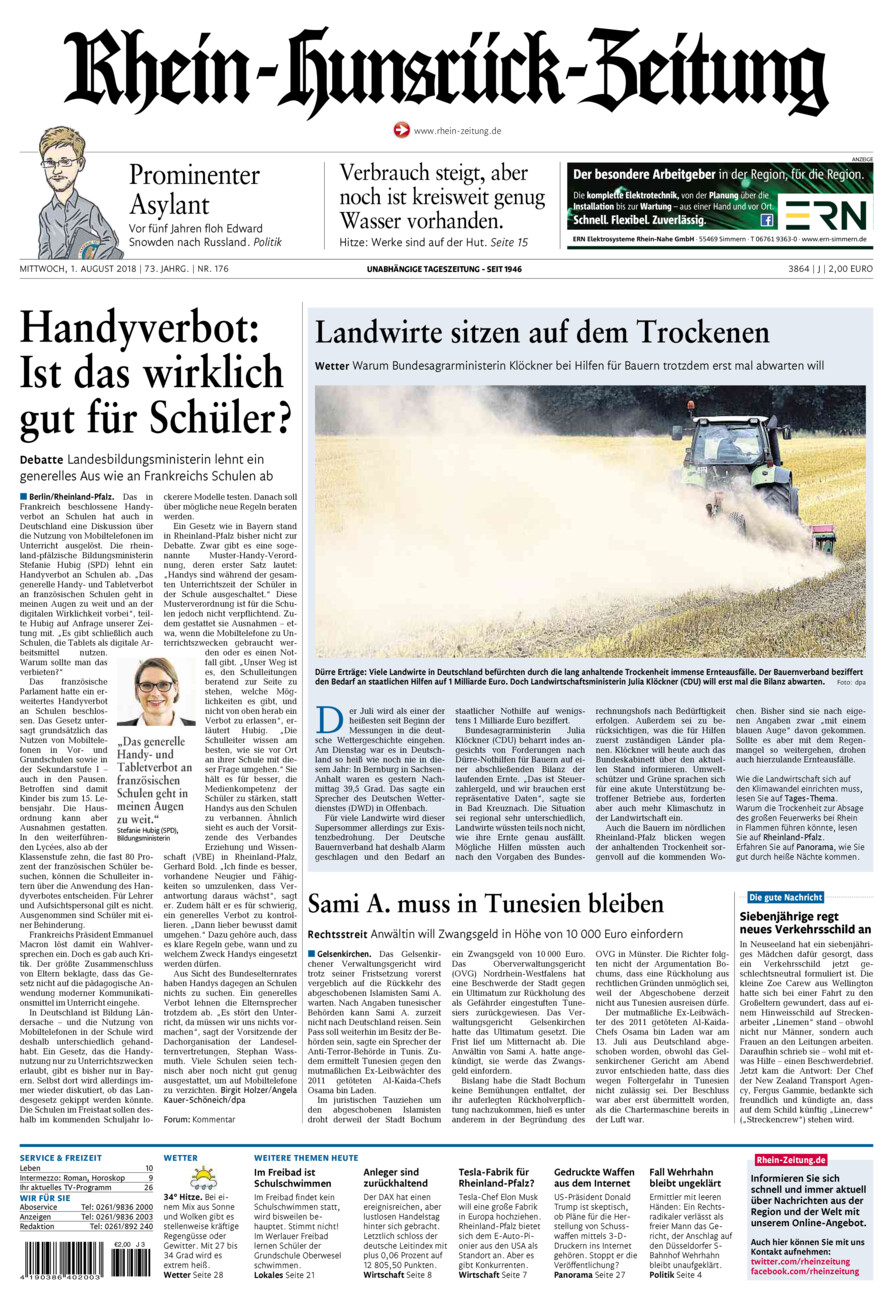 Rhein-Hunsrück-Zeitung vom Mittwoch, 01.08.2018