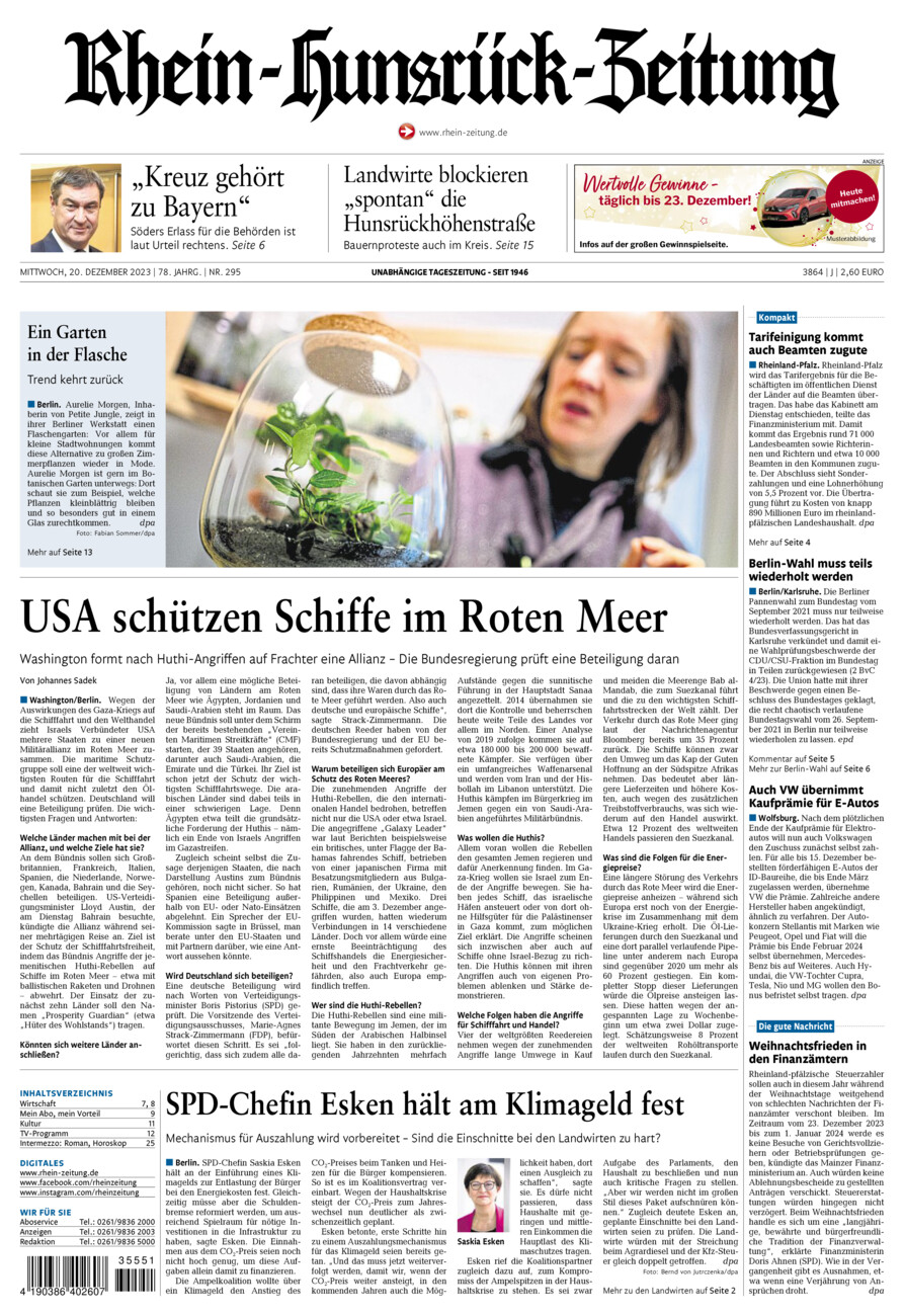 Rhein-Hunsrück-Zeitung vom Mittwoch, 20.12.2023
