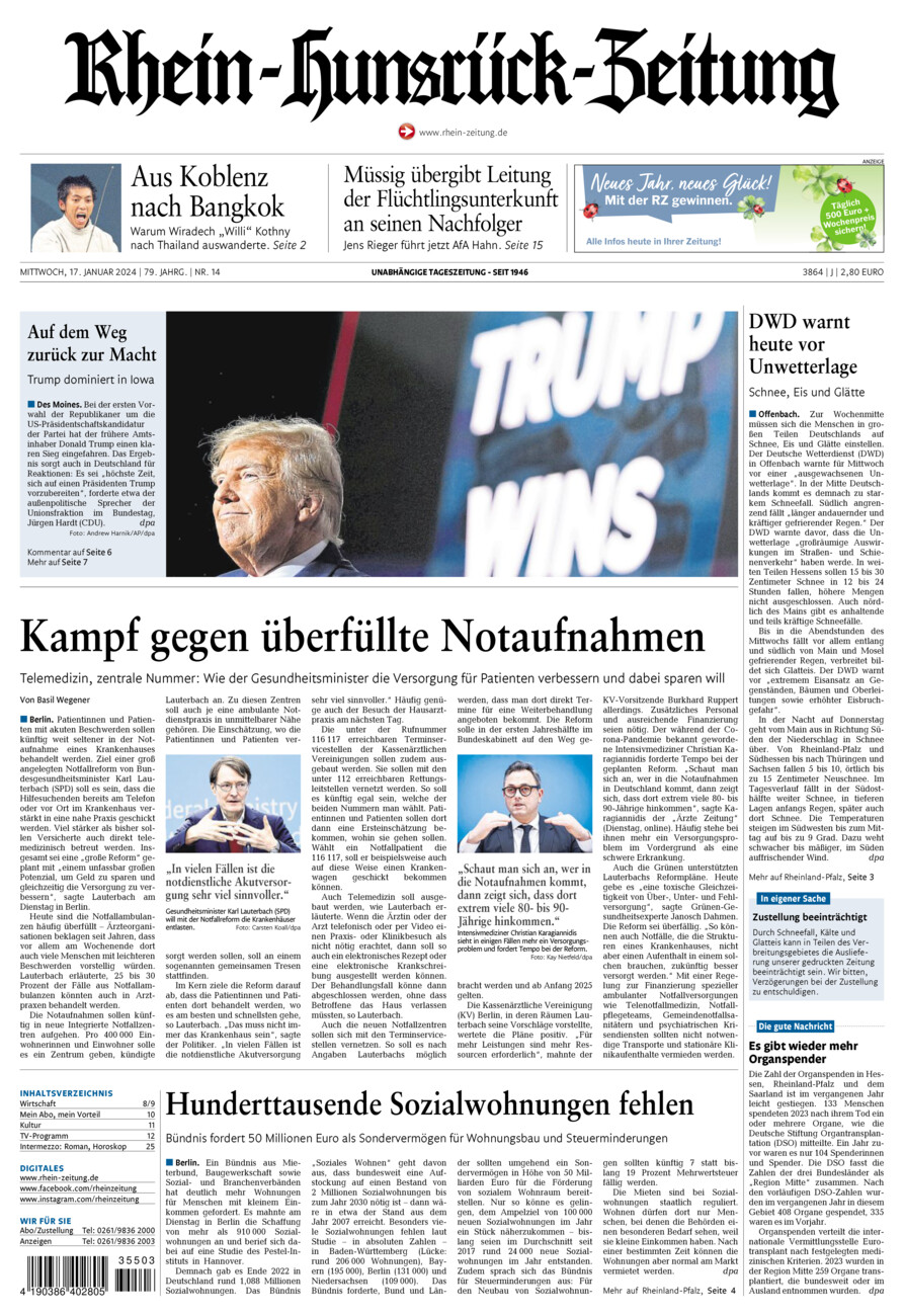 Rhein-Hunsrück-Zeitung vom Mittwoch, 17.01.2024