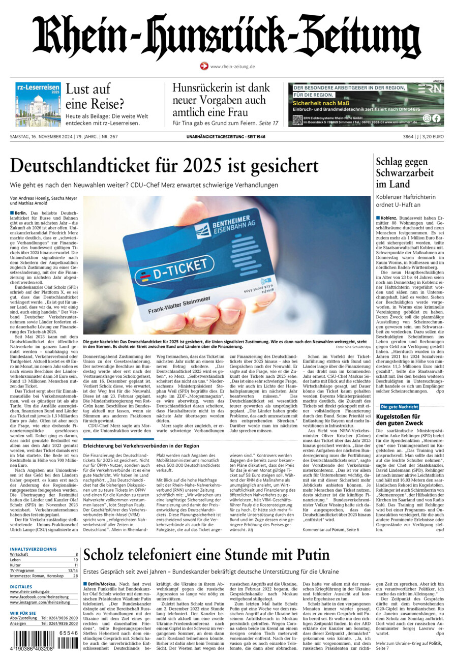 Rhein-Hunsrück-Zeitung vom Samstag, 16.11.2024