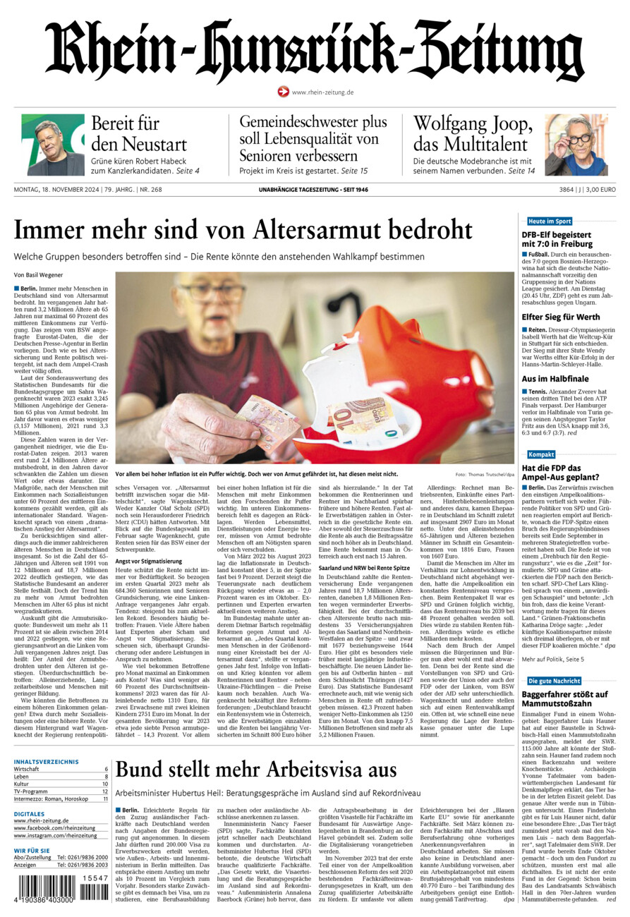 Rhein-Hunsrück-Zeitung vom Montag, 18.11.2024