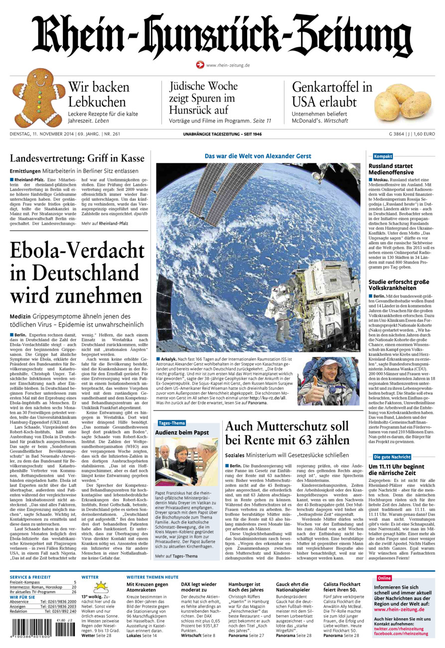 Rhein-Hunsrück-Zeitung vom Dienstag, 11.11.2014