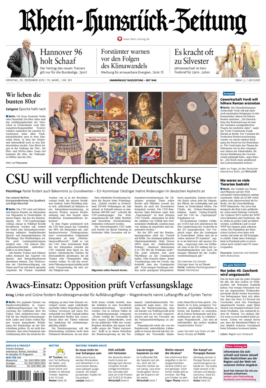 Rhein-Hunsrück-Zeitung vom Dienstag, 29.12.2015