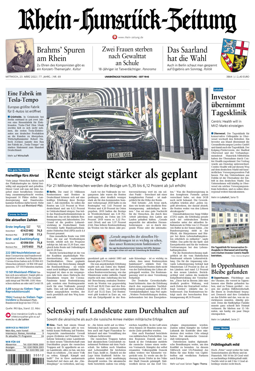 Rhein-Hunsrück-Zeitung vom Mittwoch, 23.03.2022