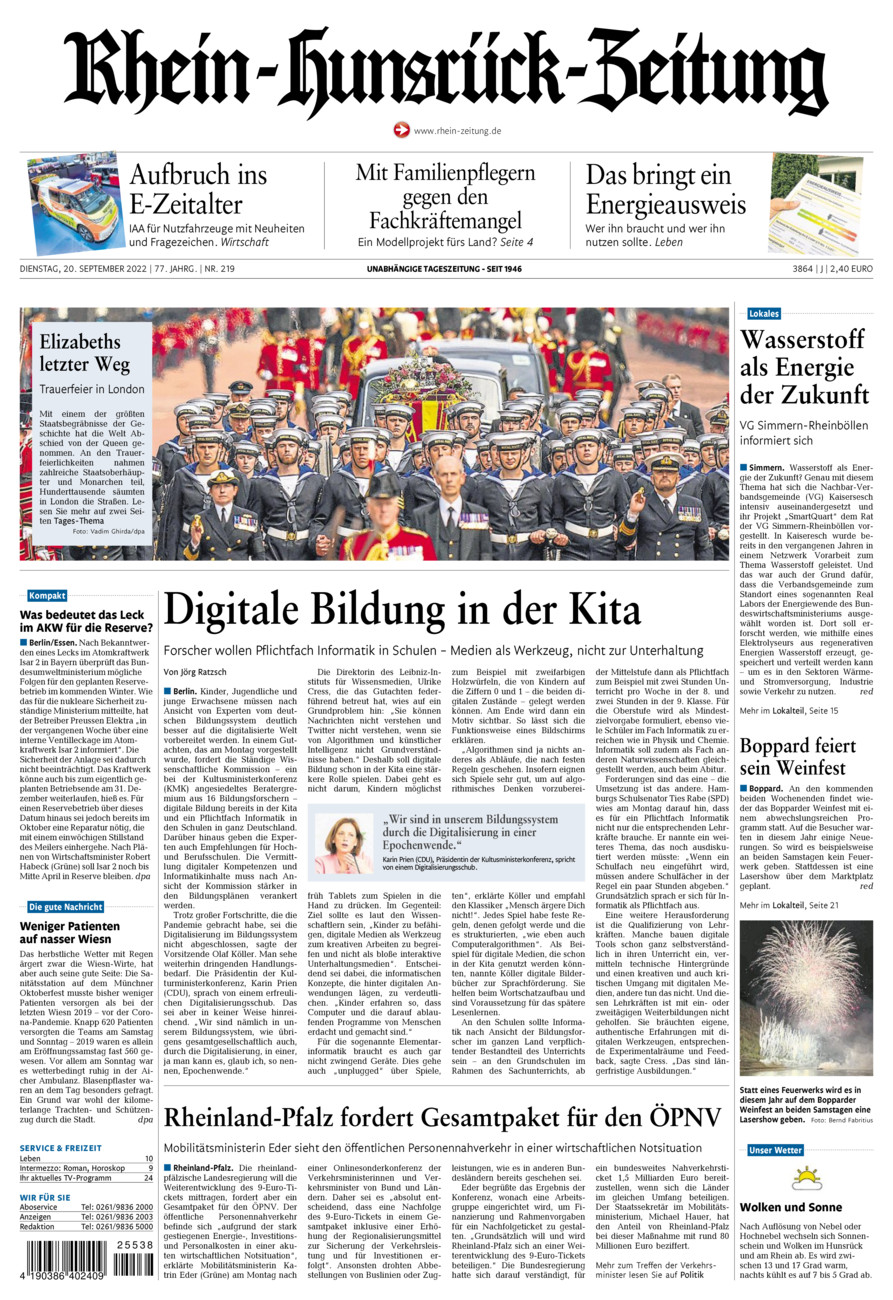Rhein-Hunsrück-Zeitung vom Dienstag, 20.09.2022
