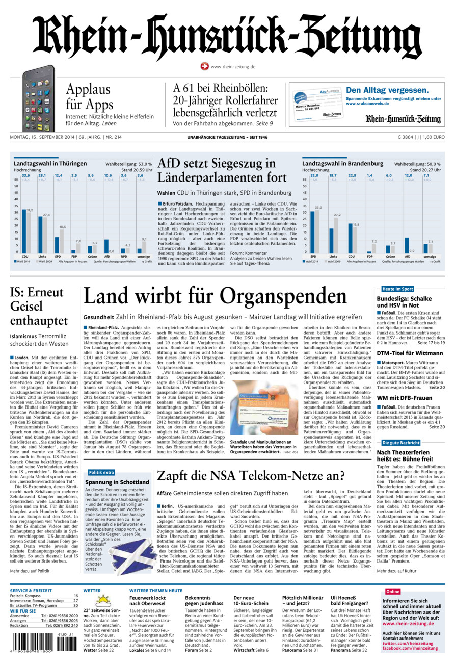 Rhein-Hunsrück-Zeitung vom Montag, 15.09.2014