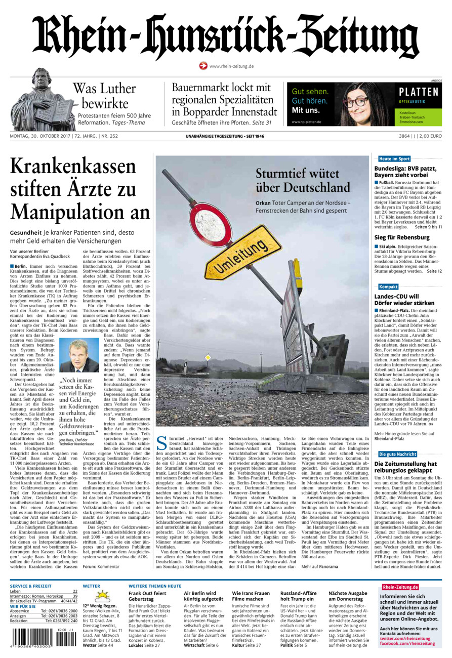 Rhein-Hunsrück-Zeitung vom Montag, 30.10.2017