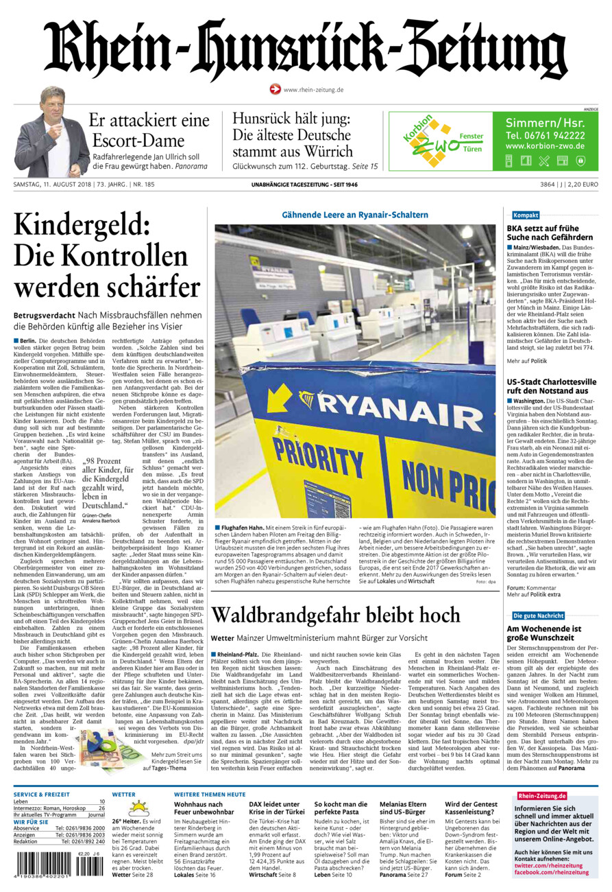Rhein-Hunsrück-Zeitung vom Samstag, 11.08.2018