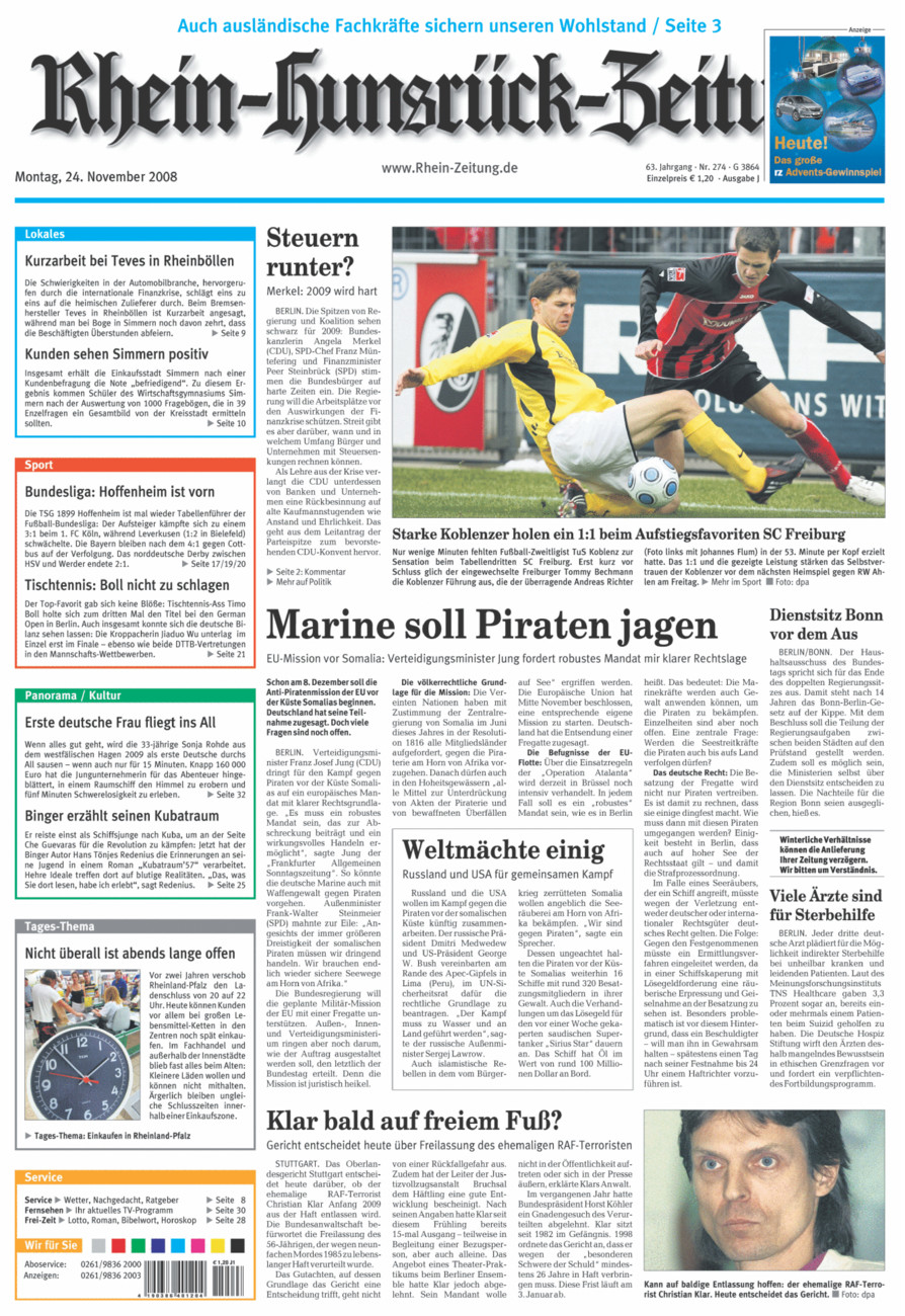 Rhein-Hunsrück-Zeitung vom Montag, 24.11.2008