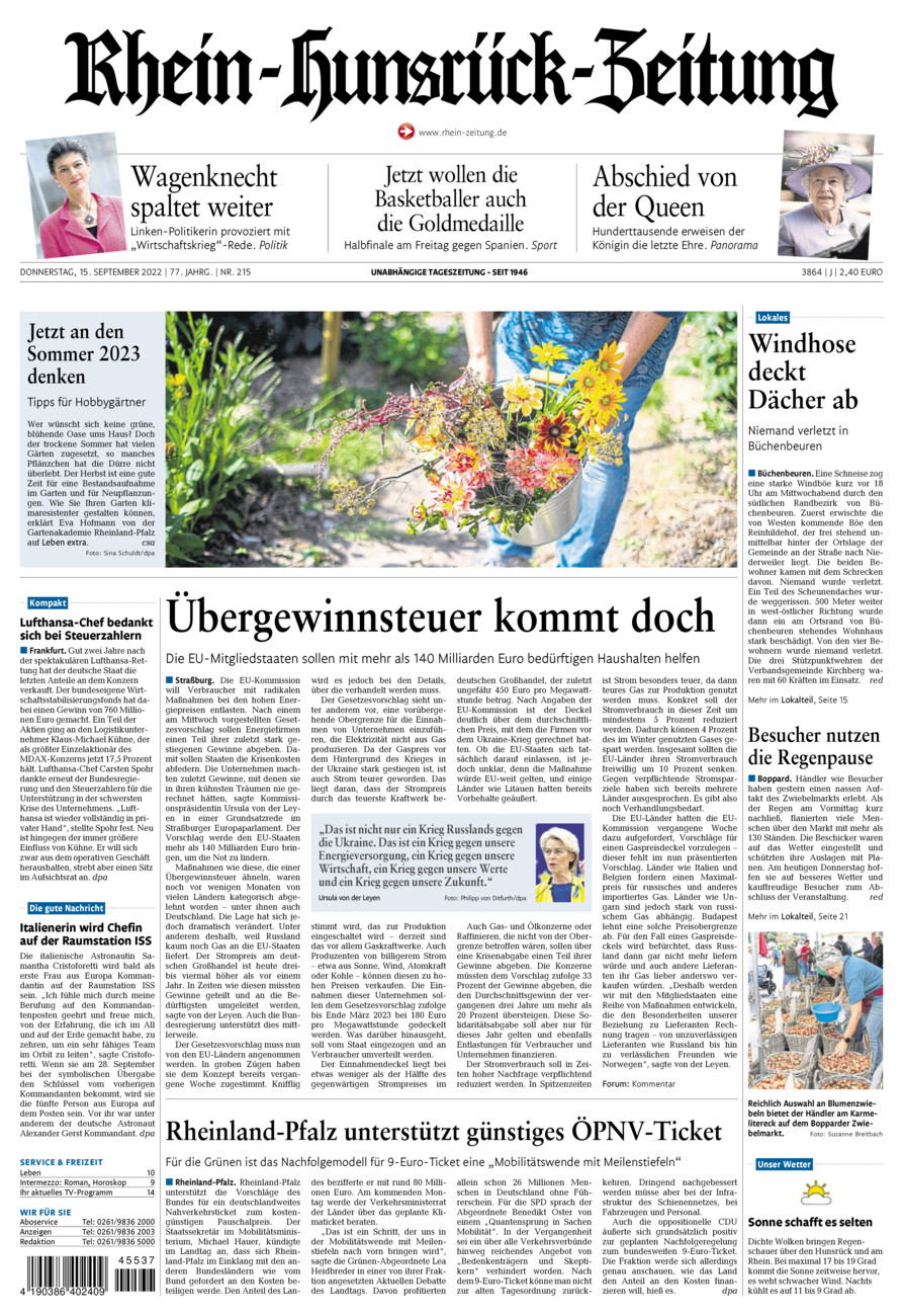 Rhein-Hunsrück-Zeitung vom Donnerstag, 15.09.2022