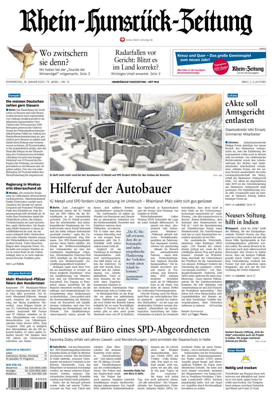 Rhein-Hunsrück-Zeitung vom Donnerstag, 16.01.2020