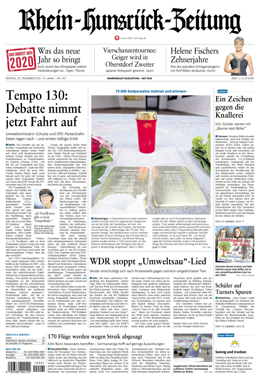 Rhein-Hunsrück-Zeitung vom Montag, 30.12.2019