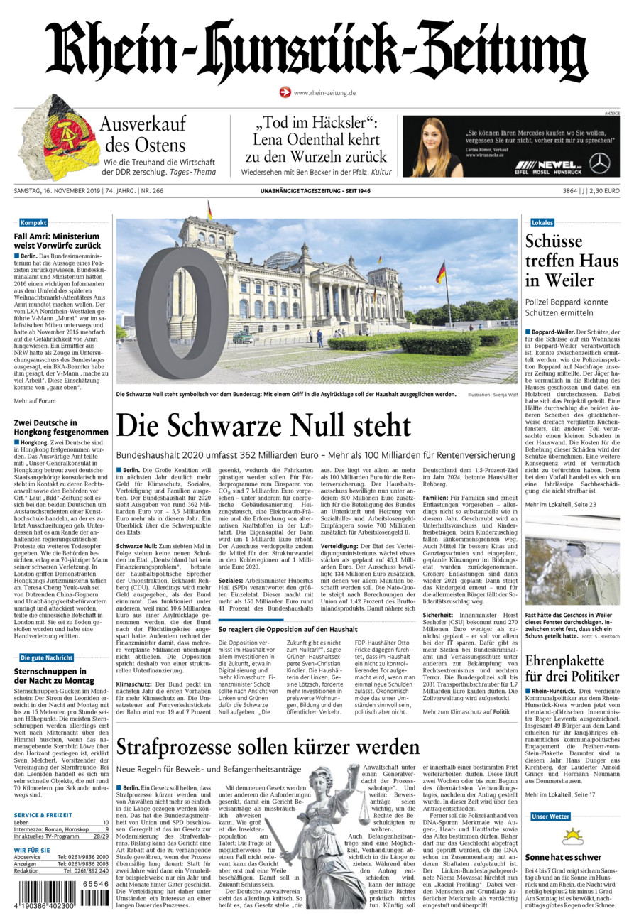 Rhein-Hunsrück-Zeitung vom Samstag, 16.11.2019