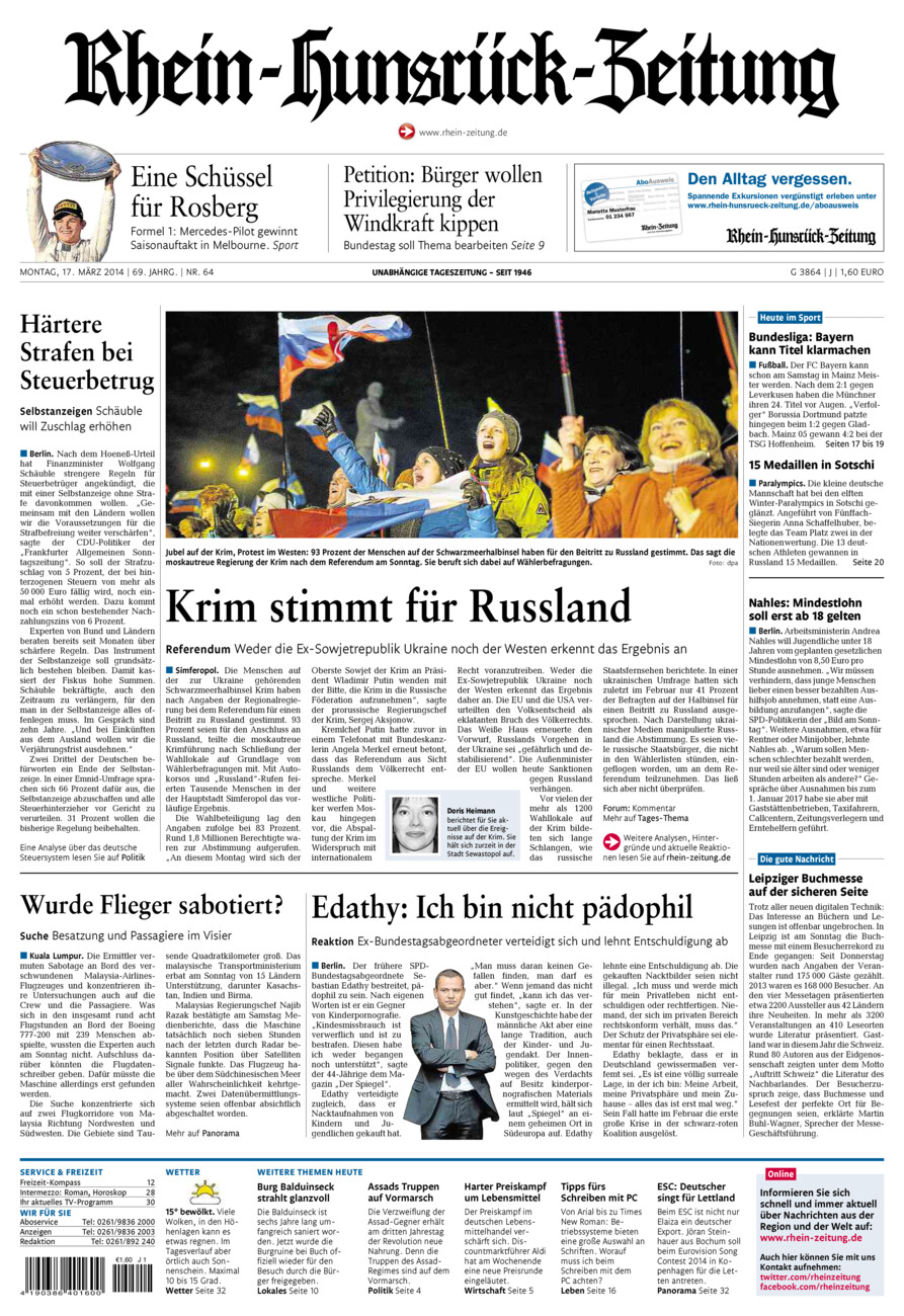 Rhein-Hunsrück-Zeitung vom Montag, 17.03.2014