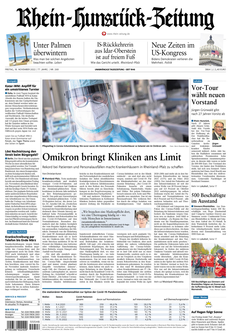 Rhein-Hunsrück-Zeitung vom Freitag, 18.11.2022