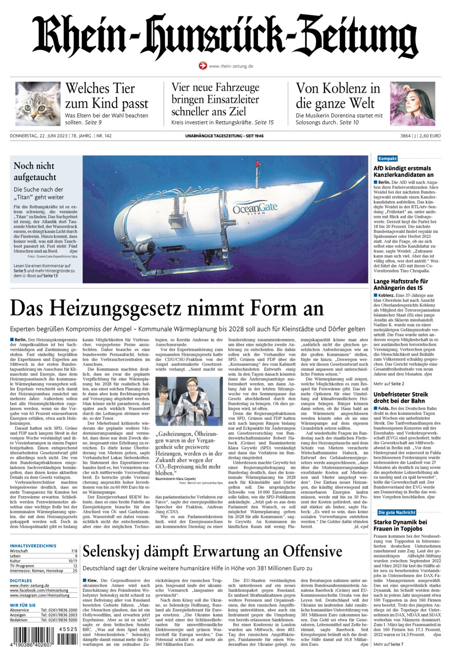 Rhein-Hunsrück-Zeitung vom Donnerstag, 22.06.2023