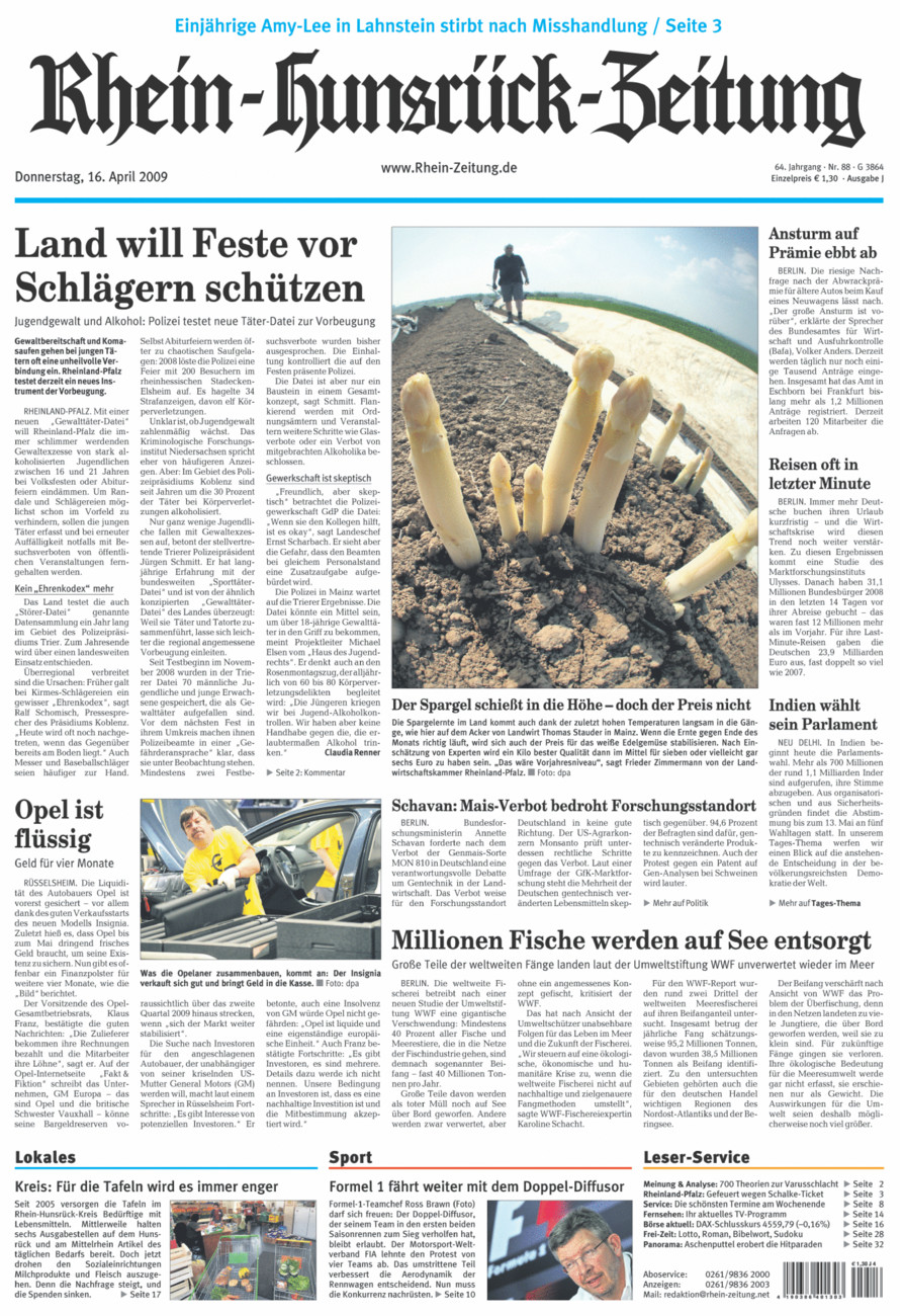 Rhein-Hunsrück-Zeitung vom Donnerstag, 16.04.2009