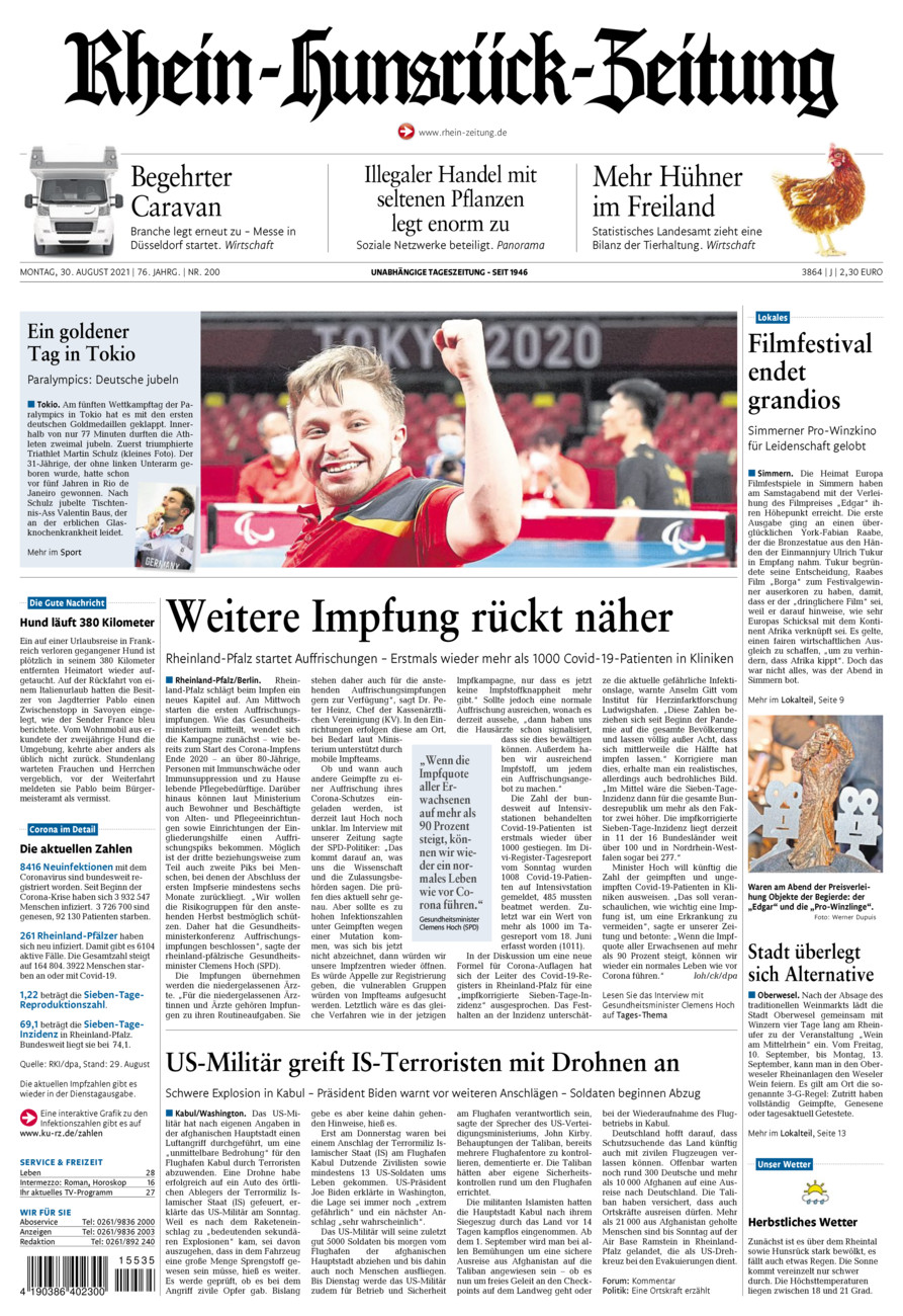 Rhein-Hunsrück-Zeitung vom Montag, 30.08.2021
