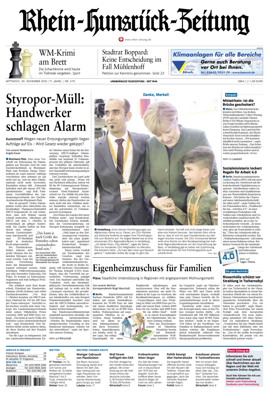 Rhein-Hunsrück-Zeitung vom Mittwoch, 30.11.2016