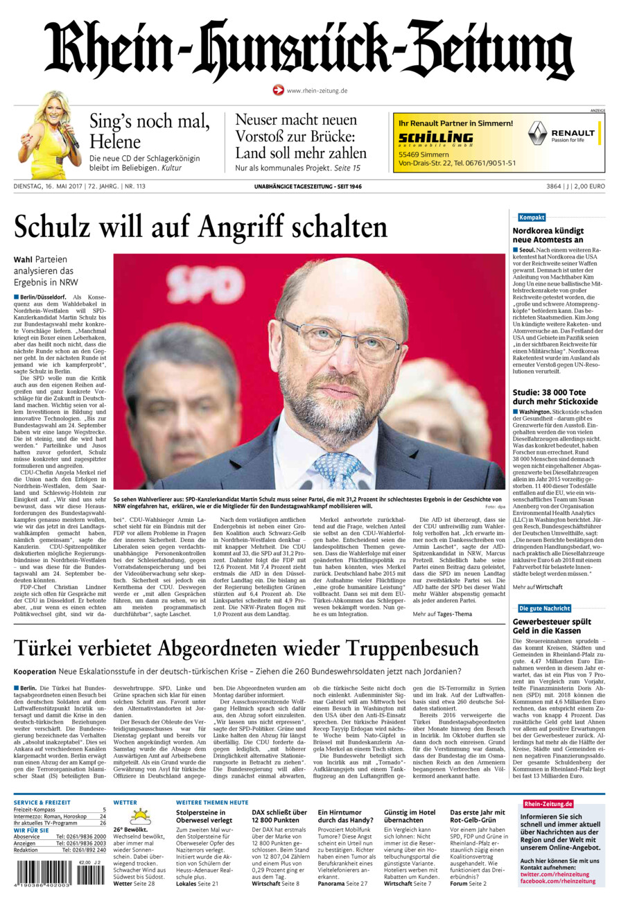 Rhein-Hunsrück-Zeitung vom Dienstag, 16.05.2017