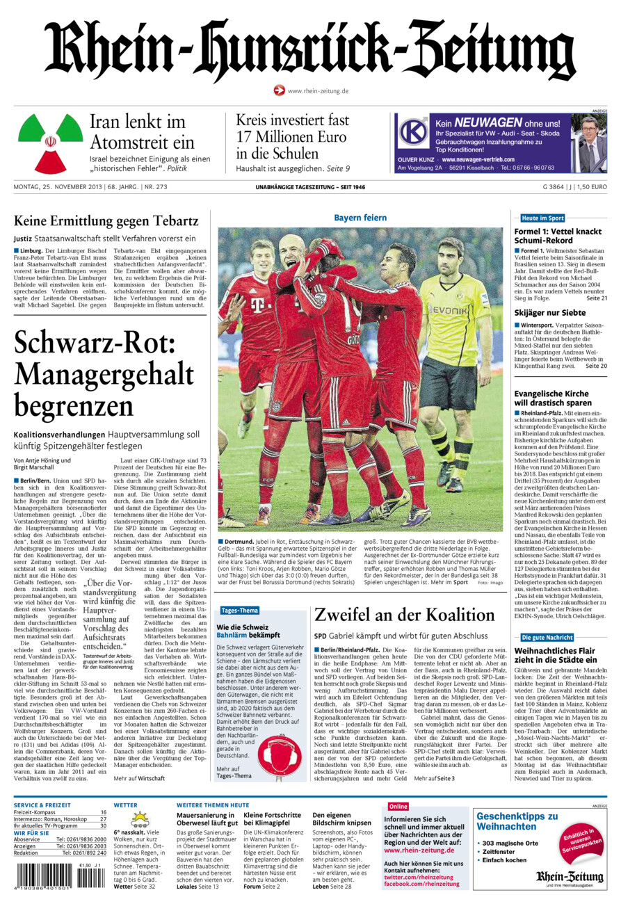Rhein-Hunsrück-Zeitung vom Montag, 25.11.2013