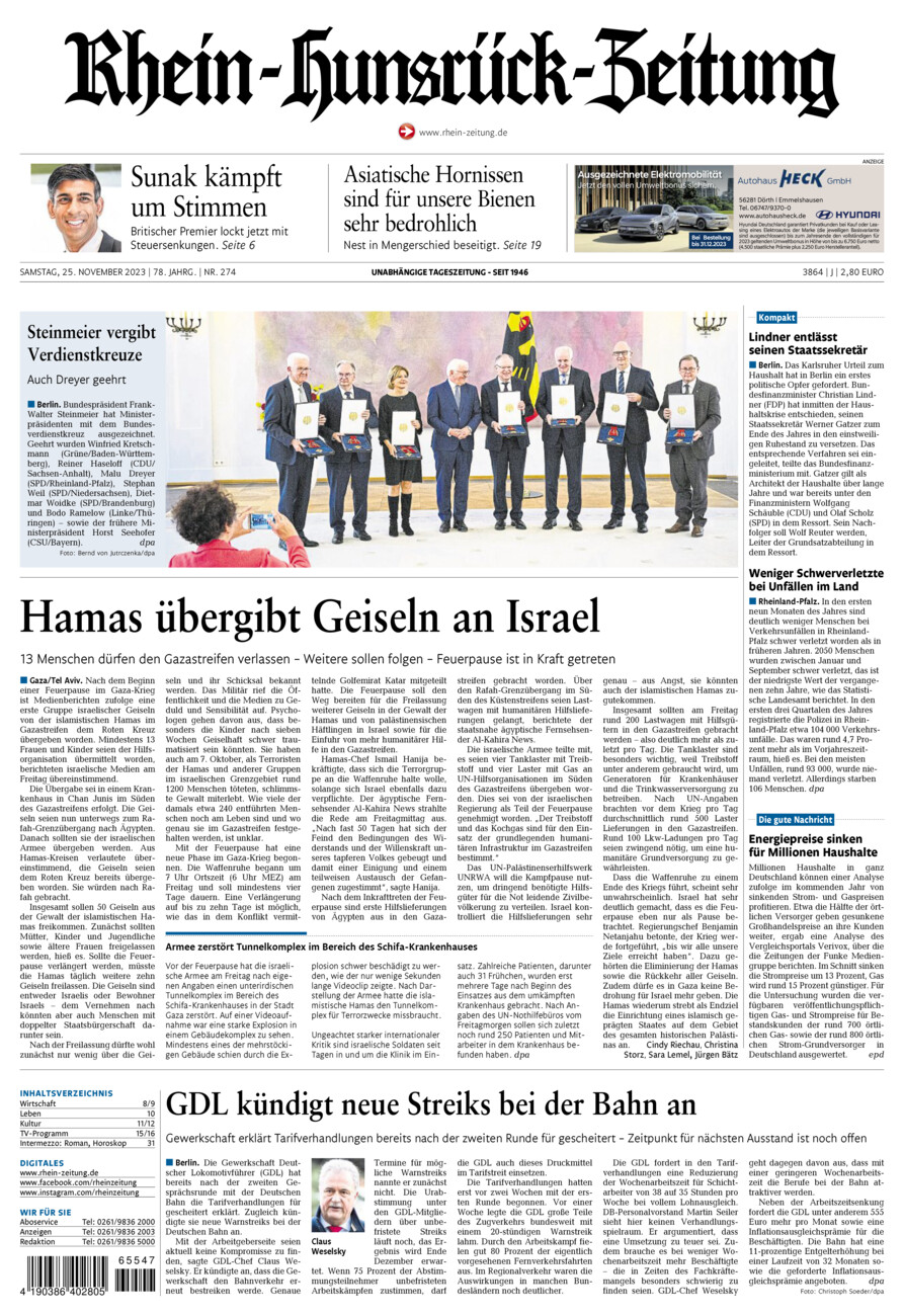 Rhein-Hunsrück-Zeitung vom Samstag, 25.11.2023