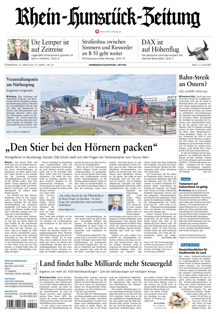 Rhein-Hunsrück-Zeitung vom Donnerstag, 14.03.2024