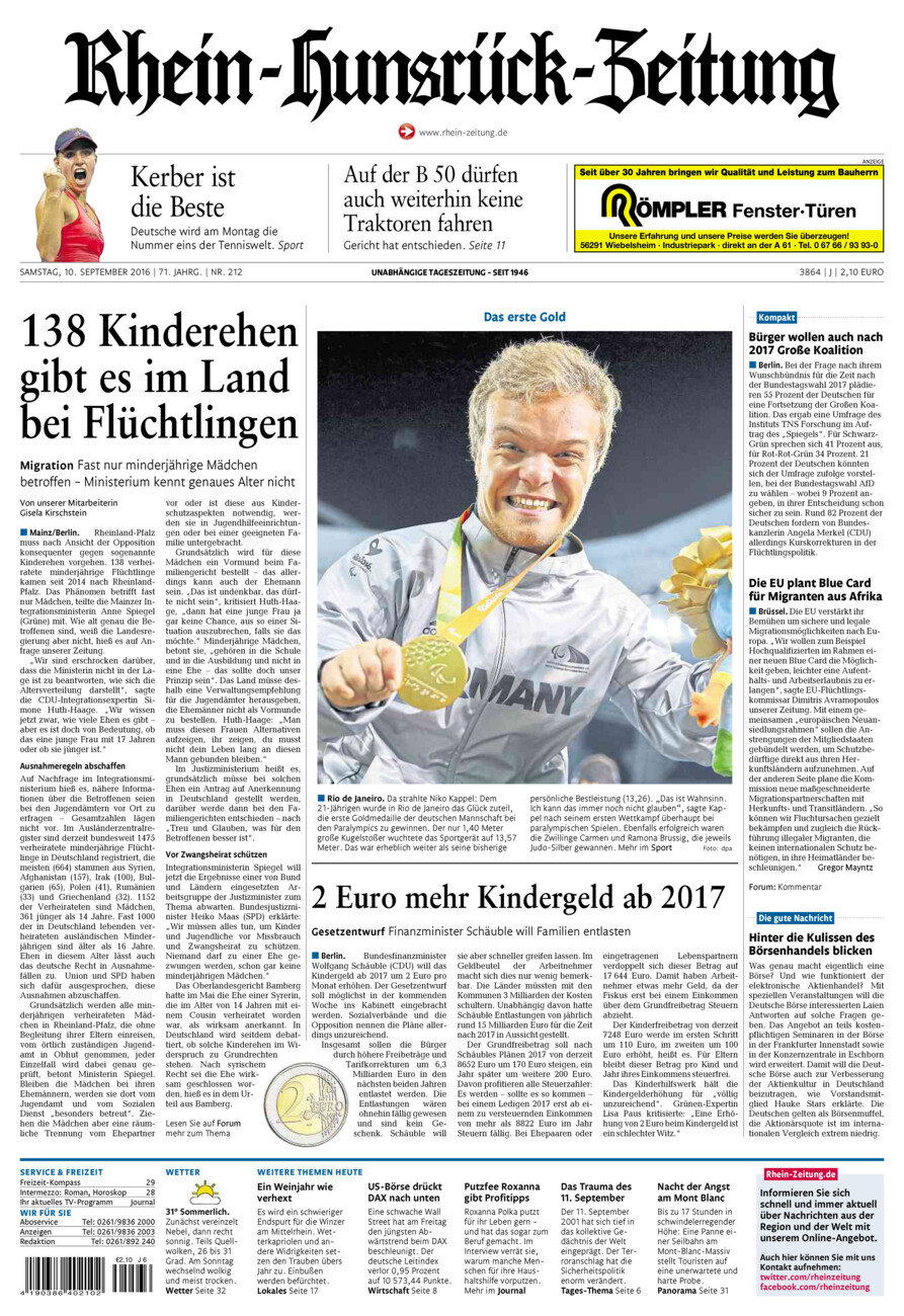 Rhein-Hunsrück-Zeitung vom Samstag, 10.09.2016