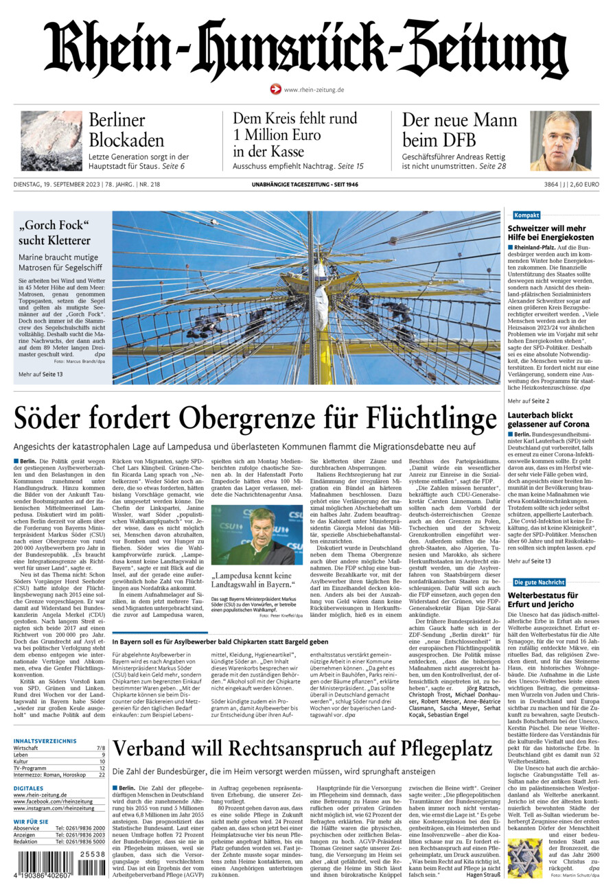 Rhein-Hunsrück-Zeitung vom Dienstag, 19.09.2023