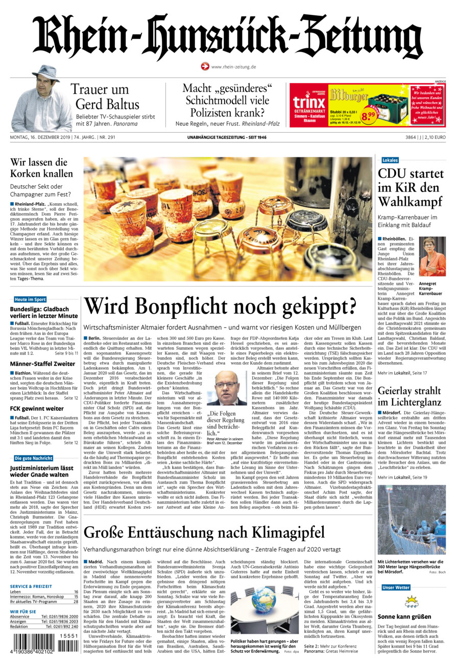 Rhein-Hunsrück-Zeitung vom Montag, 16.12.2019