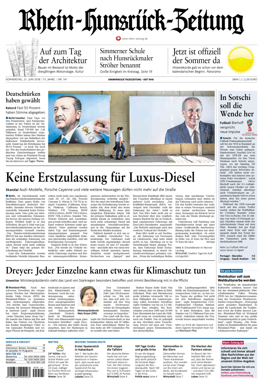Rhein-Hunsrück-Zeitung vom Donnerstag, 21.06.2018